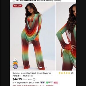 Summer Muse Cowl Neck Mesh Cover Up Pants Set - Multi Color- Medium